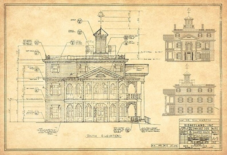 May include: A sepia-toned architectural blueprint of a multi-story building labeled South Elevation, featuring detailed line drawings, technical annotations, and a title block for Disneyland, Inc. The drawing includes a cupola and ornate facade.