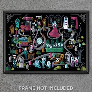 Haunted Mansion Ride Map Ride Track Poster Print Hitchhiking Ghosts Bride Leota Hatbox Gargoyle Disneyland Disney World Wall Art Decor 3809