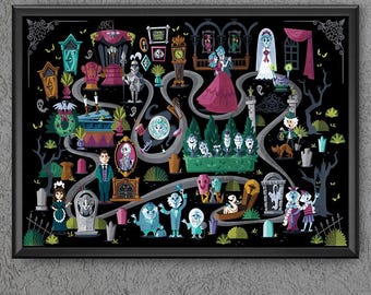 Haunted Mansion Ride Map Ride Track Poster Print Hitchhiking Ghosts Bride Leota Hatbox Gargoyle Disneyland Disney World Wall Art Decor 3809