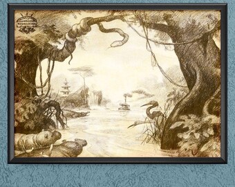 Jungle Cruise Concept Art Print Poster Walt Disney World Disneyland Adventureland Wall Art Decor Skipper Back Side of Water - 3533