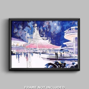 May include: A framed print of a vintage architectural rendering. The artwork depicts a futuristic structure with a pink canopy, set against a dark blue sky with fireworks. Silhouettes of people populate the foreground.