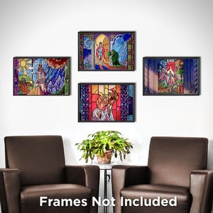 May include: Four framed stained glass prints depicting scenes from a fairytale. The prints are arranged in a grid pattern on a white wall. The prints feature a castle, a prince, a beast, and a princess.