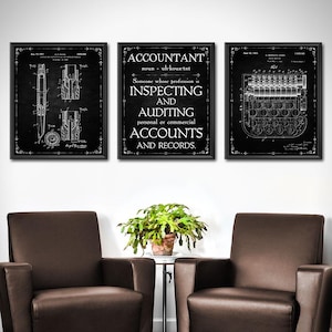May include: Three framed black and white prints. One features a pen diagram, another reads "ACCOUNTANT" with a definition, and the third shows a typewriter diagram. The prints are displayed above two brown leather armchairs.
