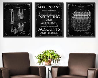 Accountant Patent Gift SET OF 3 Print Poster Accounting Accounts Book Keeping Office Pen Calculator Adding Machine Wall Art Decor 1361