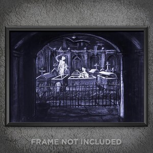 May include: A framed black and white illustration of a graveyard scene with a ghostly figure and skeletal remains. The artwork features tombstones, a wrought iron fence, and architectural details. The text "FRAME NOT INCLUDED" is at the bottom.