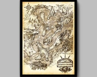 Jungle Cruise Map Print Poster Walt Disney World Disneyland Magic Kingdom Adventureland Wall Art Decor Skipper Back Side of Water - 2808