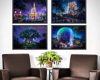 Disney World 50th Anniversary Complete Set of 4 Magic Kingdom Iridescent Castle Magical Celebration Print Poster Wall Art Decor - 3760