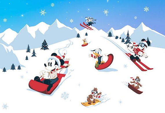 Christmas Sledding Mickey Mouse Poster Print Minnie Pluto Donald
