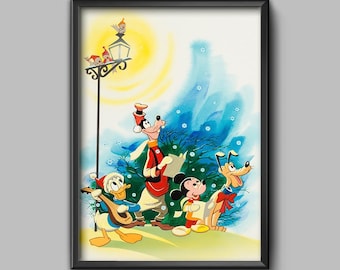 Disney Corporate Company Christmas Card Art Print Poster 1977 Merry Christmas Mickey Donald Goofy Pluto Tree Wall Art Disney Decor - 3731