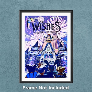 May include: A colorful poster featuring Cinderella's Castle with fireworks and the text "Wishes Fireworks Spectacular". Mickey Mouse, Minnie Mouse, Donald Duck, Goofy, and Pluto are silhouetted in the foreground.