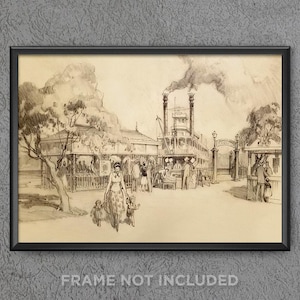 May include: Black framed vintage print of a riverboat scene with people. The sepia-toned artwork depicts a steamboat, buildings, and figures in period clothing. The text "FRAME NOT INCLUDED" is at the bottom.