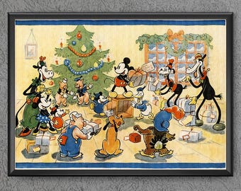 Disney Vintage Style Christmas Card Print Poster Merry Mickey Minnie Donald Goofy Pluto Clara Little Pigs Tree Presents Wall Art Decor 3926