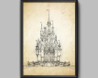 Disney World Magic Kingdom Cinderella Castle Blueprint Patent Poster 1967 Wall Art Print Reproduction Disney Wall Decor Contemporary - 3426