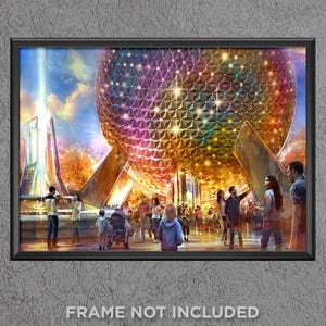 May include: A colorful, futuristic-looking building with a geodesic dome roof. The building is lit up with twinkling lights and surrounded by people.
