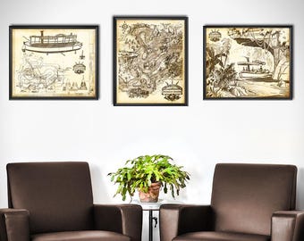 Jungle Cruise Map Print Set of 3 Poster Walt Disney World Disneyland Magic Kingdom Adventureland Wall Art Decor Skipper - 3160