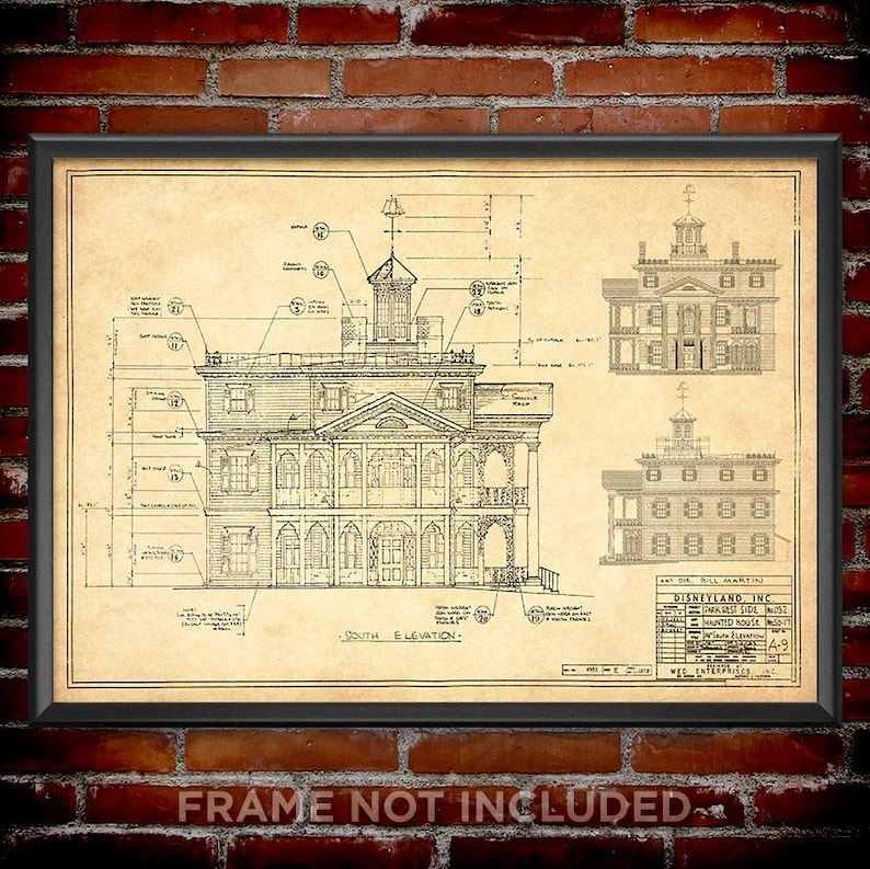 May include: A framed architectural blueprint on aged paper featuring the South Elevation of the Haunted House at Disneyland. The technical drawing includes detailed line work, structural annotations, and a title block labeled Disneyland, Inc.