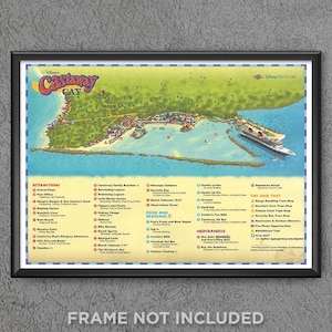 May include: A framed map of Disney's Castaway Cay, a tropical island. The map details attractions, food and beverage locations, and merchandise shops. The map is in a black frame, with the text "FRAME NOT INCLUDED" at the bottom.