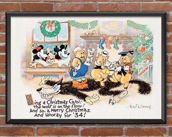 Disney Corporate Company Christmas Card Print Poster 1934 Mickey Minnie Pluto 3 Little Pigs Wolf Merry Stockings Present Wall Art Decor 4082