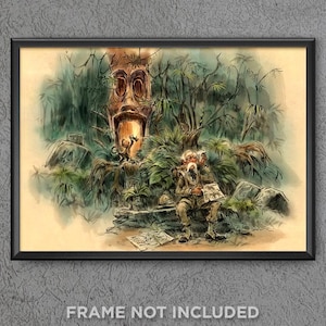 May include: A watercolor illustration of a man with a white beard and glasses sitting in a jungle setting. He is reading a newspaper and is surrounded by lush green foliage. A wooden carving of a face is visible in the background.