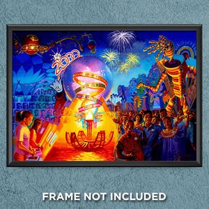 May include: A framed print featuring a vibrant illustration of a Walt Disney World Millennium Celebration. The artwork showcases fireworks, a globe, and a crowd of people. The text "2000" and "Your Gift to the World" are visible. The frame is black.