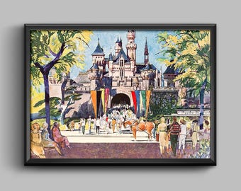 Disneyland Sleeping Beauty Castle Delta Ad Art Print Poster Walt Disney Horse Trolley Magic Kingdom Map Fantasyland Wall Art Decor - 3430
