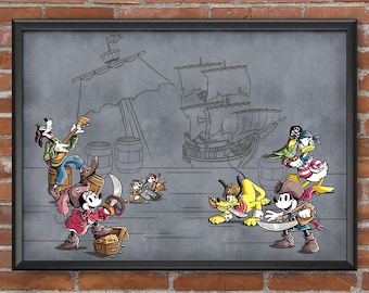 Pirates of the Caribbean Characters Print Poster Mickey Minnie Pluto Donald Goofy Chip Dale Parrot Fab 5 Adventureland Wall Art Decor 4003