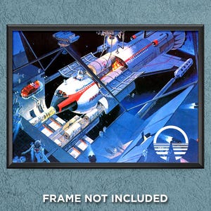 May include: A vintage illustration of a futuristic space station with a spacecraft docked. The spacecraft is red, white, and blue with the text "Star Cruiser PAN-AM" on the side. The space station is blue and gray with a white logo that says "Space Odyssey".