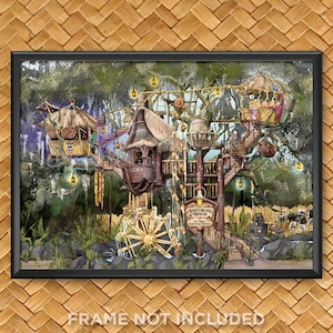 May include: A whimsical illustration of a treehouse with multiple levels and intricate details. The treehouse is decorated with lanterns, vines, and a sign that reads "Adventure Island Treehouse." The illustration is set against a backdrop of lush green foliage.