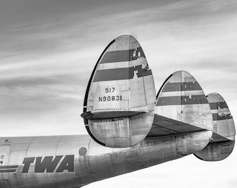 Vintage TWA Lockheed Constellation Aviation Print, Black and White Airliner Canvas