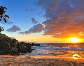 Maui Sunset Beach Print, Po'olenalena Beach, Tropical Wall Art