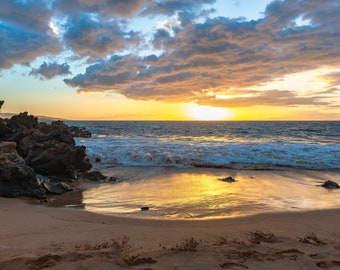 Maui Sunset Beach Print, Po'olenalena Beach, Hawaiian Tropical Art