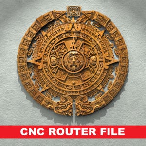 May include: A detailed wooden carving of the Aztec calendar, featuring intricate designs and a central face. The circular artwork is mounted on a grey wall. The text "CNC ROUTER FILE" is displayed in a red banner at the bottom.
