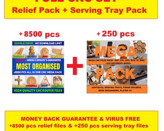 May include: A yellow banner displays "FULL CNC SET" and "Relief Pack + Serving Tray Pack." The image includes graphics for CNC files, with text like "MOST ORGANISED" and "MEGA PACK." It also mentions "MONEY BACK GUARANTEE & VIRUS FREE."