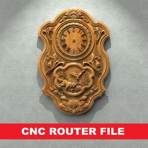 May include: A wooden wall clock with intricate carvings and a detailed clock face. The clock features a carved scene of birds and animals in a natural setting. CNC Router File.