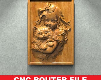 Niña y gato Panno Modelo STL Enrutador CNC Grabador Artcam Aspire Archivos CNC Arte de madera Decoración de pared VCarve Relieve Cut3d Aspire