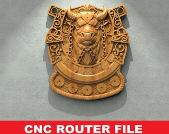 May include: A wooden CNC router file of a bull's head with a horseshoe design. The bull's head is detailed with chains and coins.