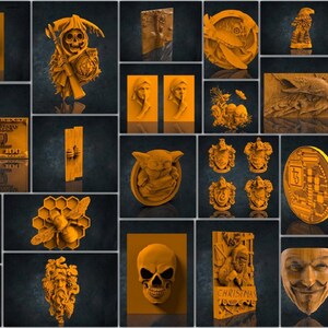 May include: A collection of 20 intricately carved wooden wall decor pieces featuring various designs, including a skull, a bee, a dollar bill, a mermaid, and a Yoda-like character. The pieces are all painted in a warm, golden brown color.