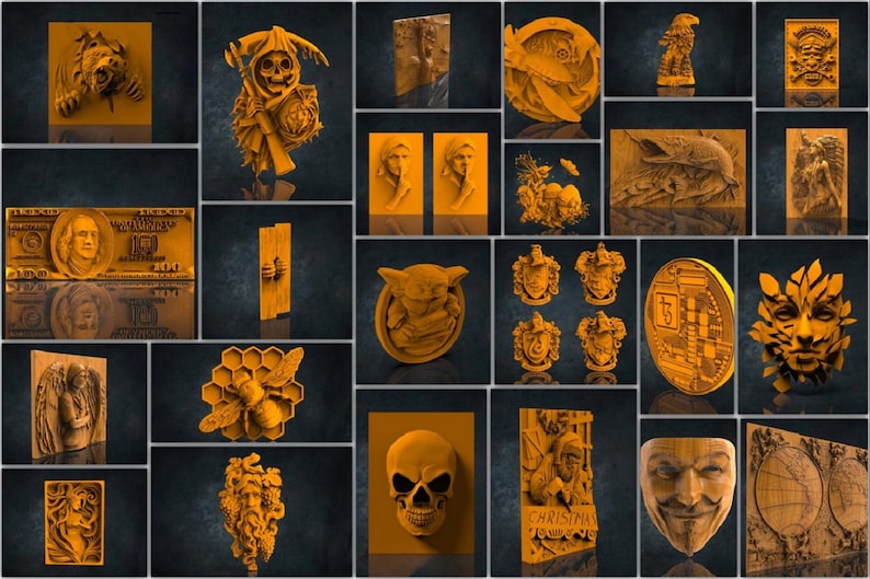May include: A collection of 20 intricately carved wooden wall decor pieces featuring various designs, including a skull, a bee, a dollar bill, a mermaid, and a Yoda-like character. The pieces are all painted in a warm, golden brown color.