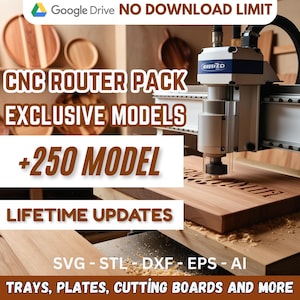 Pode incluir: Uma fresadora CNC cortando uma tábua de cortar de madeira. A imagem inclui o texto "CNC Router Pack Exclusive Models +250 Model Lifetime Updates SVG - STL - DXF - EPS - AI Trays, Plates, Cutting Boards and More".