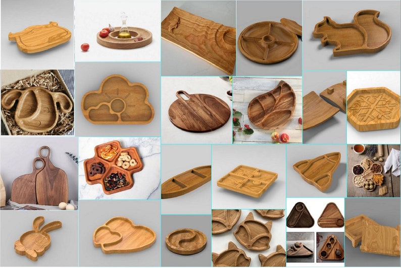 May include: A collection of wooden serving trays and platters in various shapes, including a squirrel, cloud, and bunny. The trays are made of light-colored wood and are designed for serving food.