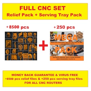 Op de afbeelding: Een gele banner met de tekst "FULL CNC SET Relief Pack + Serving Tray Pack" en de tekst "+8500 pcs" en "+250 pcs" in rood. Links is een collage van 36 houten reliëfdesigns te zien. Rechts bevindt zich een houten dienblad met de tekst "MEGA PACK" en de tekst "MEGA CNC FILES PACK - DXF, STL, EPS, SVG, AI, DWG +250 DIFFERENT MODEL" en "ASHTRAYS, SERVING TRAYS, PHONE HOLDERS, DESK ORGANISERS, PLATES VS." Een gele banner onderaan luidt "MONEY BACK GUARANTEE & VIRUS FREE +8500 pcs relief files & +250 pcs serving tray files FOR ALL CNC ROUTERS".