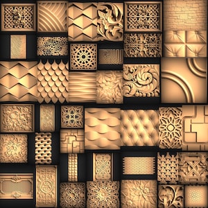 May include: A collection of 36 gold-toned decorative wall panels with various geometric and floral patterns. The panels are arranged in a grid pattern and have a 3D embossed effect.