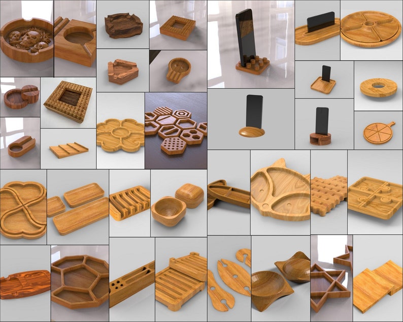May include: A collection of various wooden items, including ashtrays with skull carvings, phone stands, serving trays, and decorative bowls. The items are crafted from light-colored wood and feature different shapes and designs.