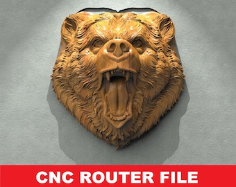 May include: A detailed CNC router file for a wooden bear head sculpture. The bear has a realistic, snarling expression with its mouth open and teeth visible. The sculpture is made of wood and has a natural brown colour.
