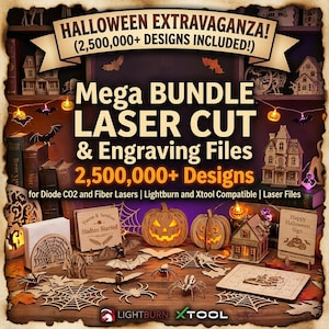 Może przedstawiać: Cyfrowa kolekcja ponad 2 500 000 plików do cięcia i grawerowania laserowego na Halloween, zawierająca drewniane dynie, pajęczyny, nietoperze i nawiedzone domy. Tekst głosi HALLOWEEN EXTRAVAGANZA! Mega BUNDLE LASER CUT & Engraving Files.