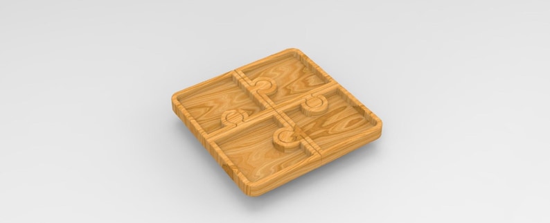 Puede incluir: Una bandeja de madera con cuatro compartimentos, cada uno con un dise&ntilde;o de corte &uacute;nico. La bandeja est&aacute; hecha de madera marr&oacute;n claro y tiene una veta de madera natural.