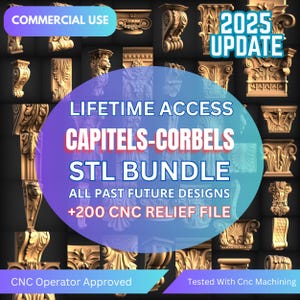 Könnte beinhalten: Ein digitaler Download von über 200 CNC-Reliefdateien für Kapitelle und Konsolen. Das Bild zeigt eine Vielzahl von verzierten, goldfarbenen Designs. Der Text auf dem Bild lautet "COMMERCIAL USE", "2025 UPDATE", "LIFETIME ACCESS", "CAPITELS-CORBELS", "STL BUNDLE", "ALL PAST FUTURE DESIGNS", "+200 CNC RELIEF FILE", "CNC Operator Approved", und "Tested With Cnc Machining".