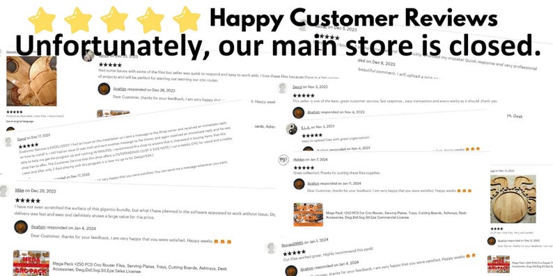 May include: Image featuring customer reviews with five-star ratings. Text at the top reads "Happy Customer Reviews." The text "Unfortunately, our main store is closed" is also visible. Reviews include text and product images.