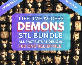 May include: A collage of 3D printed demon sculptures in gold and black. The image includes the text "LIFETIME ACCESS DEMONS STL BUNDLE ALL PAST FUTURE DESIGNS +80 CNC RELIEF FILE".