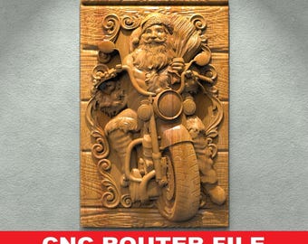 Biker Santa Claus, Noel STL File CNC Router Engraver, 3D Relief File Artcam, Aspire, VCarve, Cut3d
